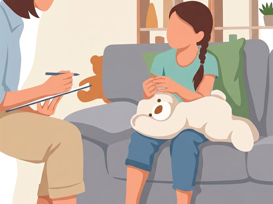 A young person with a counsellor in a kid-friendly room